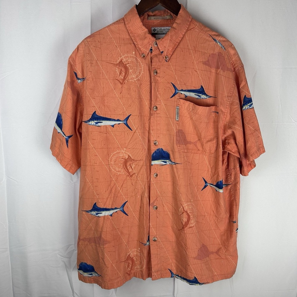 Columbia River Lodge Shirt Men's Large Marlin Fish‎ AOP Button Up Short Sleeve